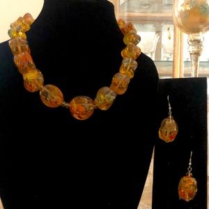 Golden Murano Style Necklace with Earrings
